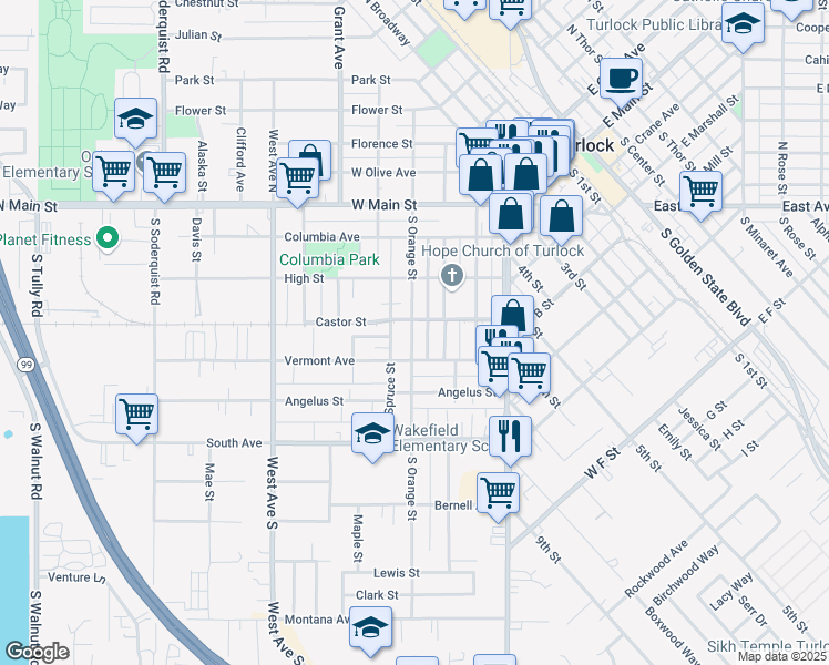 map of restaurants, bars, coffee shops, grocery stores, and more near 408 South Orange Street in Turlock
