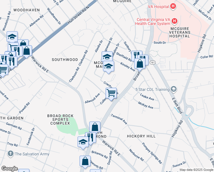 map of restaurants, bars, coffee shops, grocery stores, and more near 4525 Cranford Avenue in Richmond
