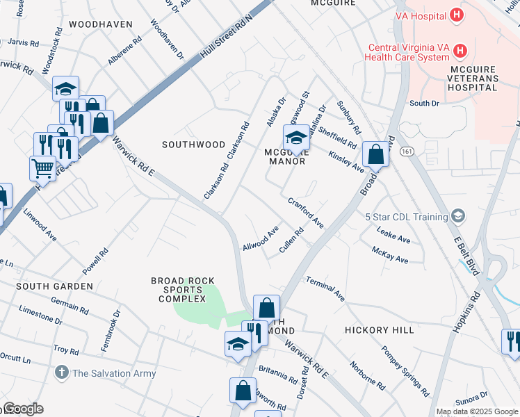 map of restaurants, bars, coffee shops, grocery stores, and more near 4757 Cooks Road in Richmond