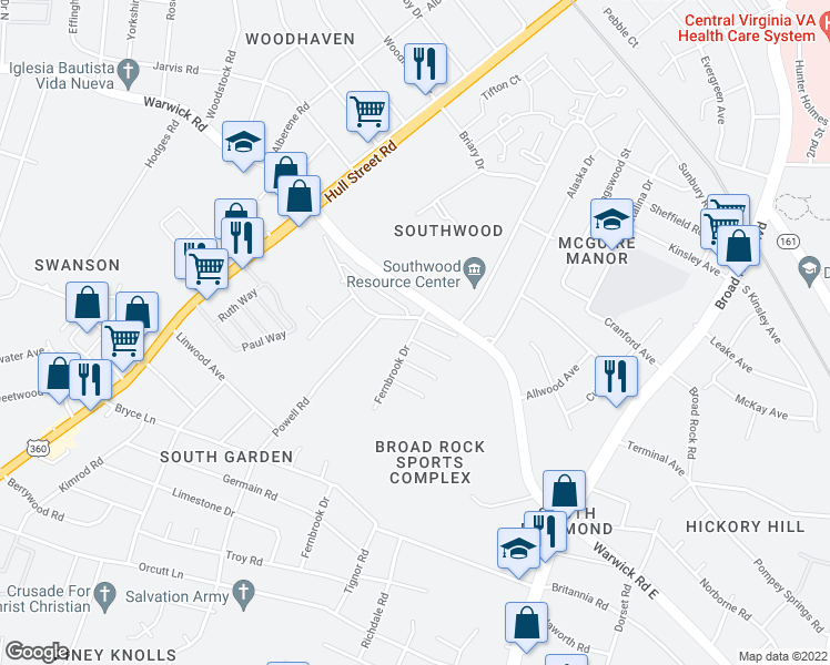 map of restaurants, bars, coffee shops, grocery stores, and more near 1865 Fernbrook Drive in Richmond