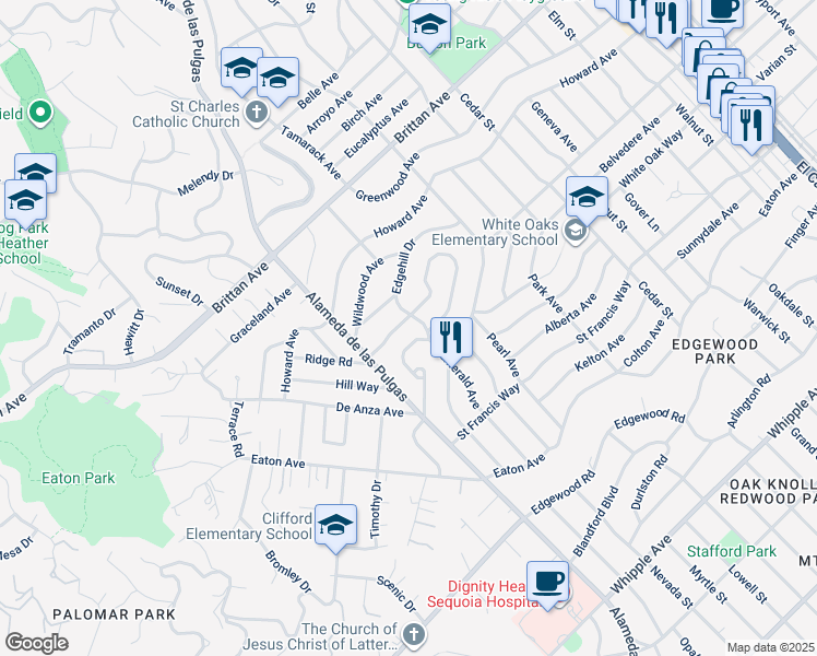 map of restaurants, bars, coffee shops, grocery stores, and more near 166 Oakview Drive in San Carlos