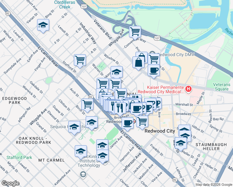 map of restaurants, bars, coffee shops, grocery stores, and more near 802 Brewster Avenue in Redwood City