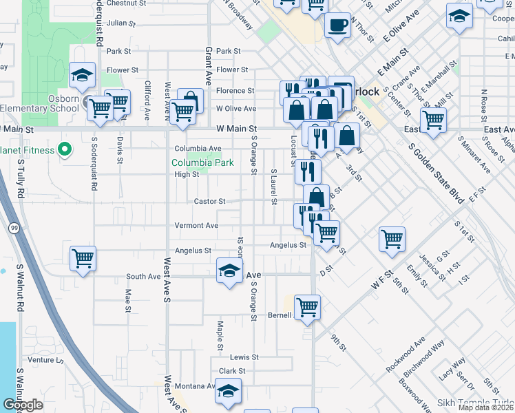 map of restaurants, bars, coffee shops, grocery stores, and more near 406 South Orange Street in Turlock