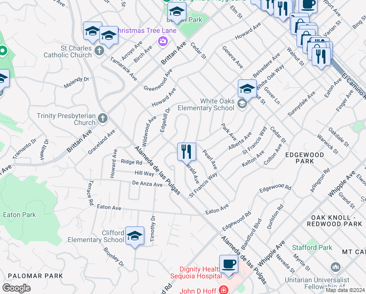 map of restaurants, bars, coffee shops, grocery stores, and more near 373 Oakview Drive in San Carlos
