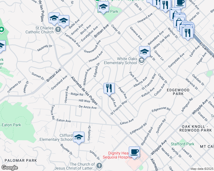 map of restaurants, bars, coffee shops, grocery stores, and more near 373 Oakview Drive in San Carlos