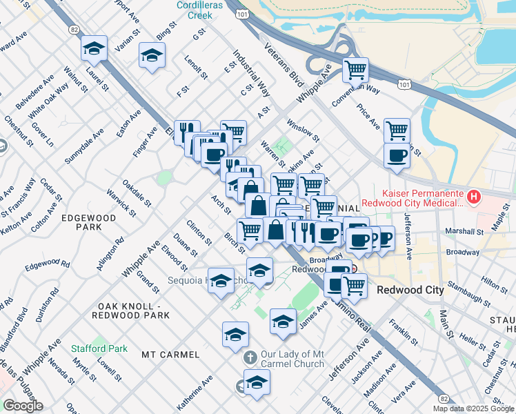 map of restaurants, bars, coffee shops, grocery stores, and more near 575 El Camino Real in Redwood City