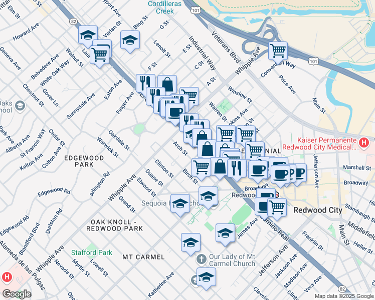 map of restaurants, bars, coffee shops, grocery stores, and more near 530 El Camino Real in Redwood City