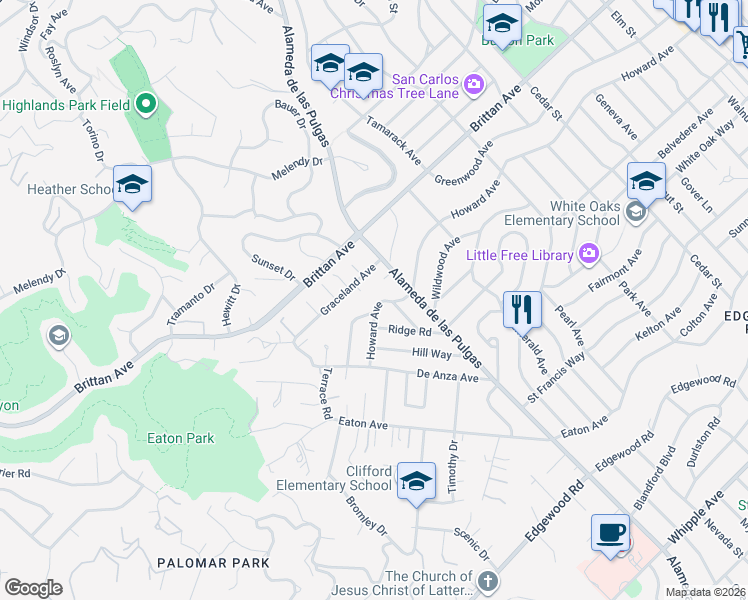 map of restaurants, bars, coffee shops, grocery stores, and more near 2534 Howard Avenue in San Carlos