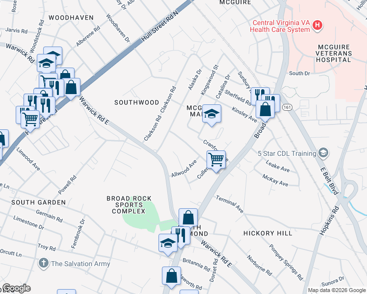 map of restaurants, bars, coffee shops, grocery stores, and more near 4757 Cooks Road in Richmond