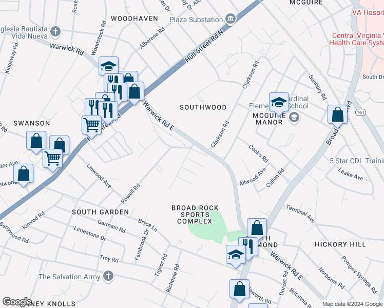 map of restaurants, bars, coffee shops, grocery stores, and more near 1839 Fernbrook Drive in Richmond