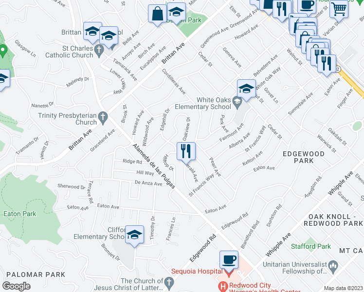 map of restaurants, bars, coffee shops, grocery stores, and more near 373 Oakview Drive in San Carlos