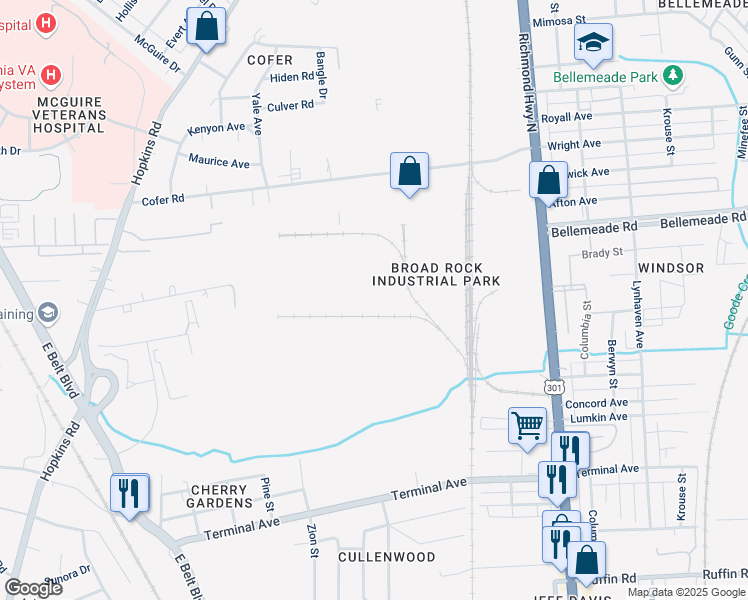 map of restaurants, bars, coffee shops, grocery stores, and more near 2929 Cofer Road in Richmond