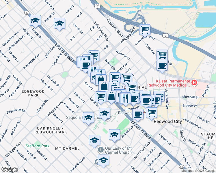 map of restaurants, bars, coffee shops, grocery stores, and more near 2 Lisbon Lane in Redwood City