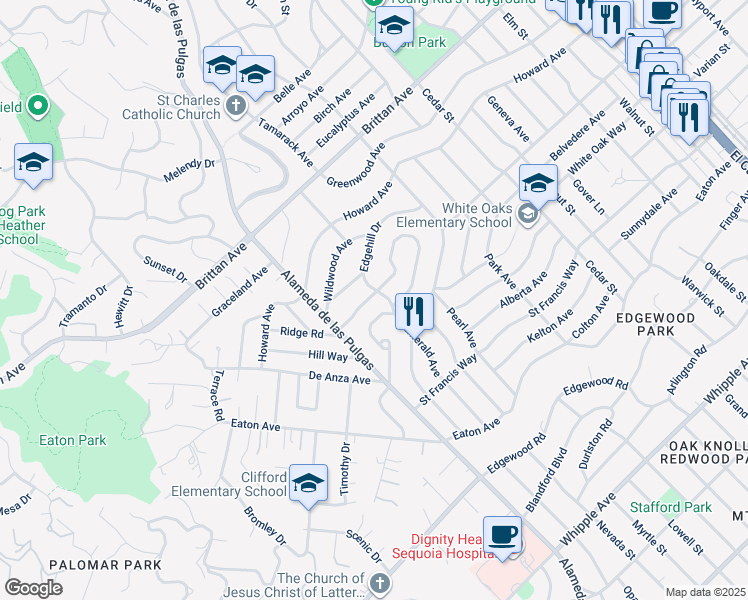 map of restaurants, bars, coffee shops, grocery stores, and more near 166 Oakview Drive in San Carlos