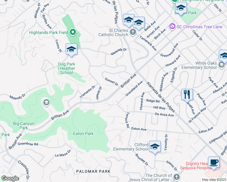 map of restaurants, bars, coffee shops, grocery stores, and more near 2708 Brittan Avenue in San Carlos