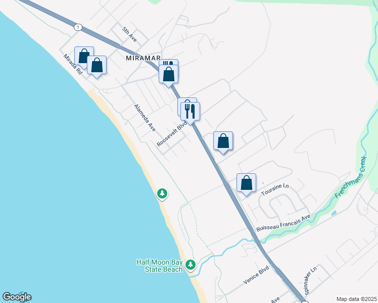 map of restaurants, bars, coffee shops, grocery stores, and more near 400 Washington Boulevard in Half Moon Bay