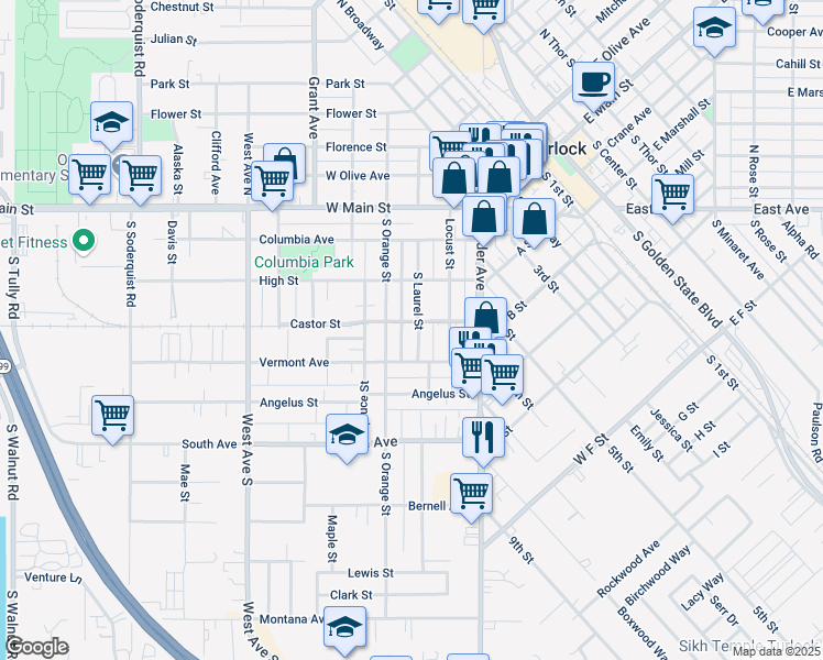 map of restaurants, bars, coffee shops, grocery stores, and more near 409 South Laurel Street in Turlock