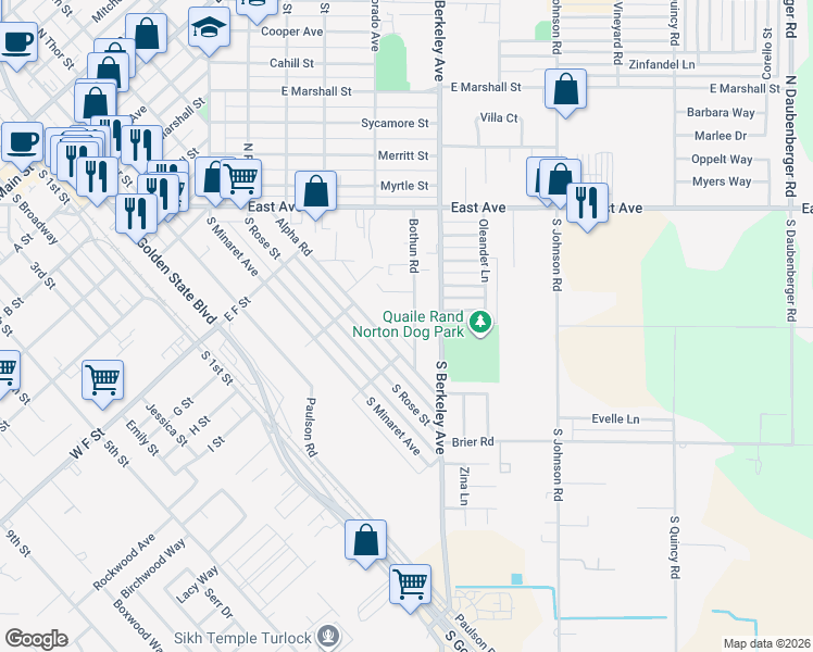 map of restaurants, bars, coffee shops, grocery stores, and more near 331 Bothun Road in Turlock
