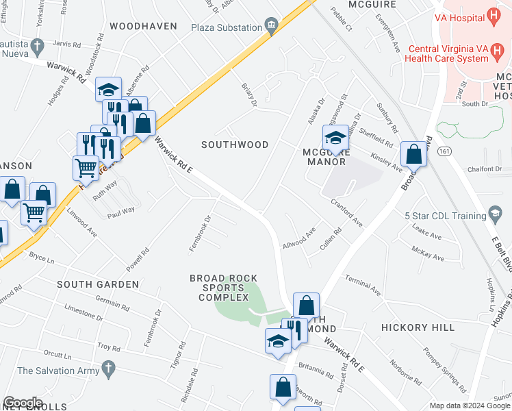 map of restaurants, bars, coffee shops, grocery stores, and more near 5000 Warwick Road in Richmond