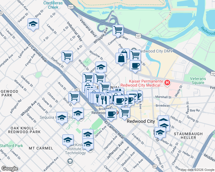 map of restaurants, bars, coffee shops, grocery stores, and more near 802 Brewster Avenue in Redwood City