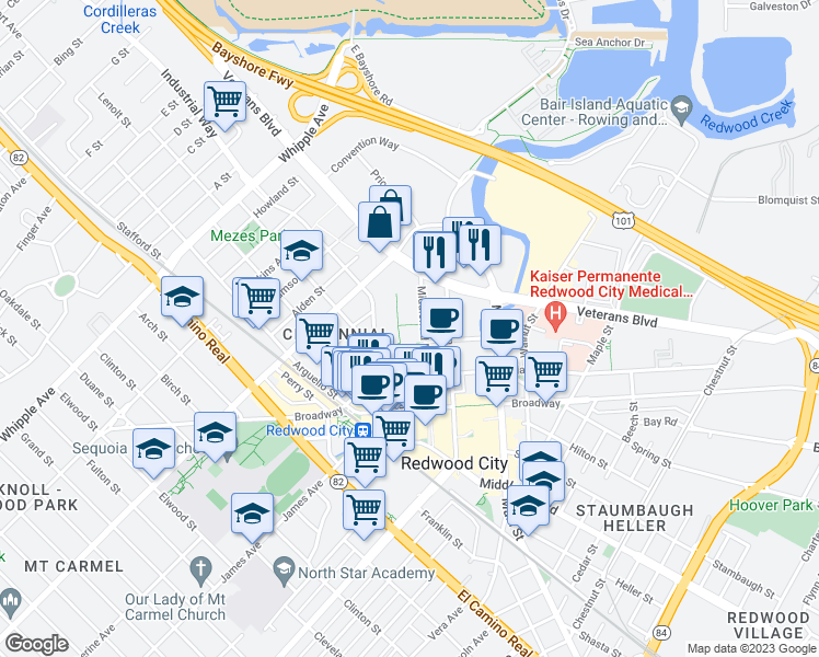 map of restaurants, bars, coffee shops, grocery stores, and more near 555 County Center in Redwood City