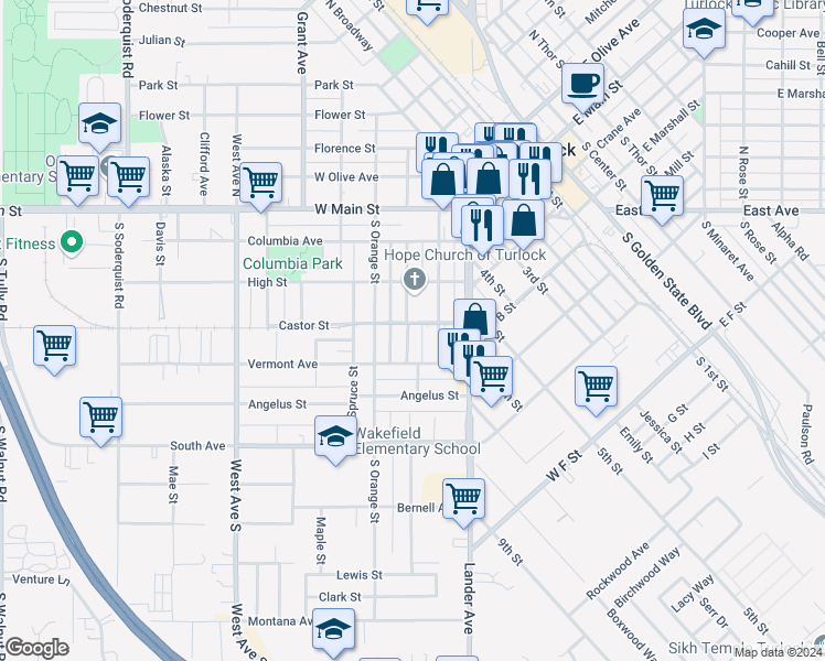 map of restaurants, bars, coffee shops, grocery stores, and more near 316 South Laurel Street in Turlock