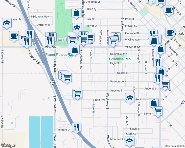 map of restaurants, bars, coffee shops, grocery stores, and more near 413 Davis Street in Turlock