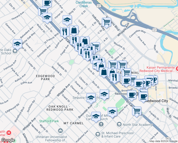 map of restaurants, bars, coffee shops, grocery stores, and more near 6 Arch Street in Redwood City