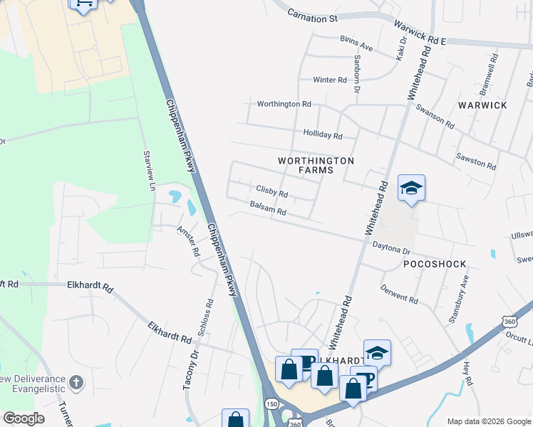 map of restaurants, bars, coffee shops, grocery stores, and more near 6442 Balsam Road in Richmond