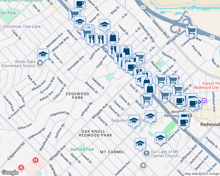 map of restaurants, bars, coffee shops, grocery stores, and more near 235 Arlington Road in Redwood City