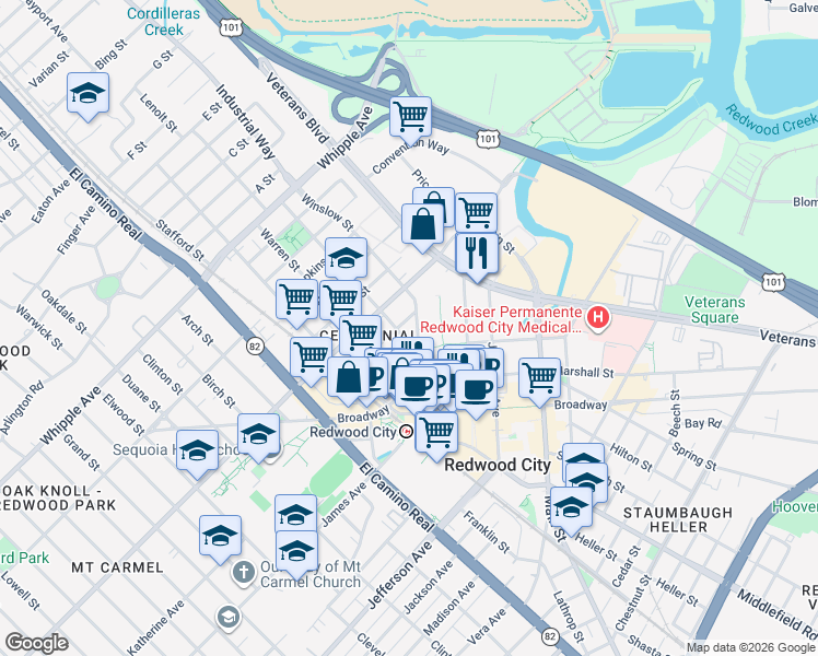 map of restaurants, bars, coffee shops, grocery stores, and more near 417 Fuller Street in Redwood City