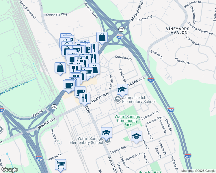 map of restaurants, bars, coffee shops, grocery stores, and more near 46915 Bodie Terrace in Fremont