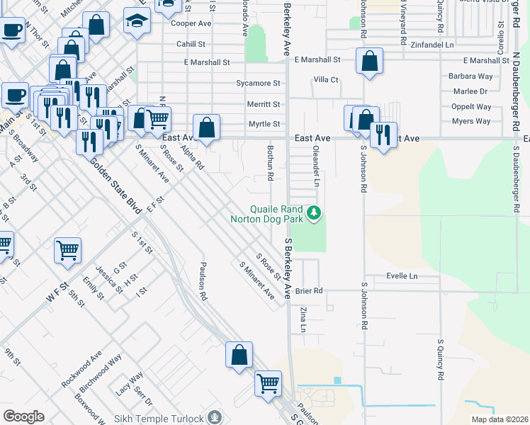 map of restaurants, bars, coffee shops, grocery stores, and more near 331 Bothun Road in Turlock