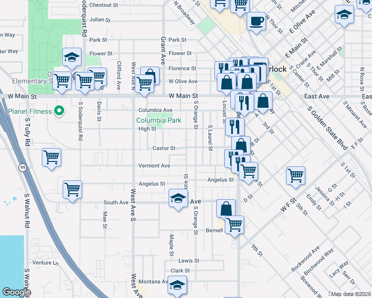map of restaurants, bars, coffee shops, grocery stores, and more near 355 Spruce Street in Turlock