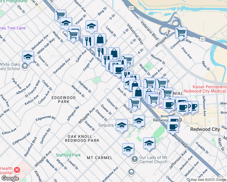 map of restaurants, bars, coffee shops, grocery stores, and more near 6 Arch Street in Redwood City