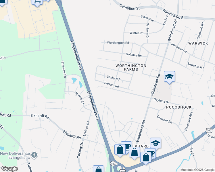 map of restaurants, bars, coffee shops, grocery stores, and more near 6524 Balsam Road in Richmond