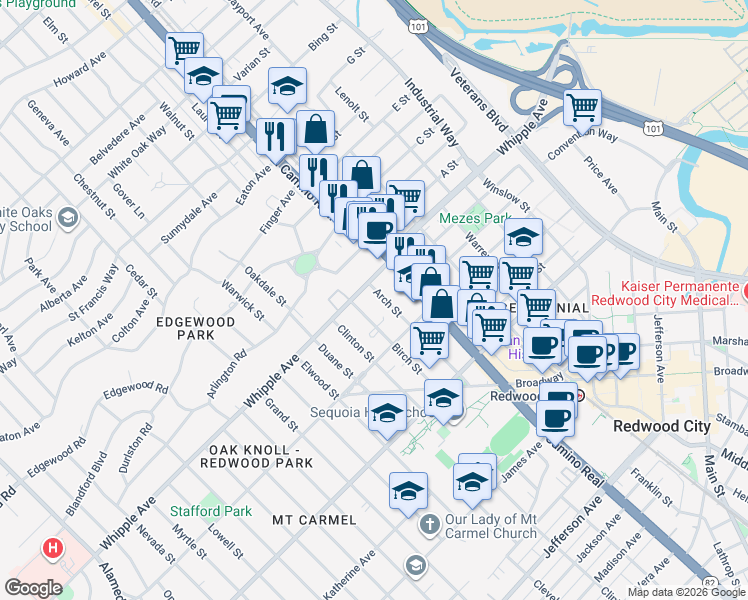 map of restaurants, bars, coffee shops, grocery stores, and more near 6 Arch Street in Redwood City