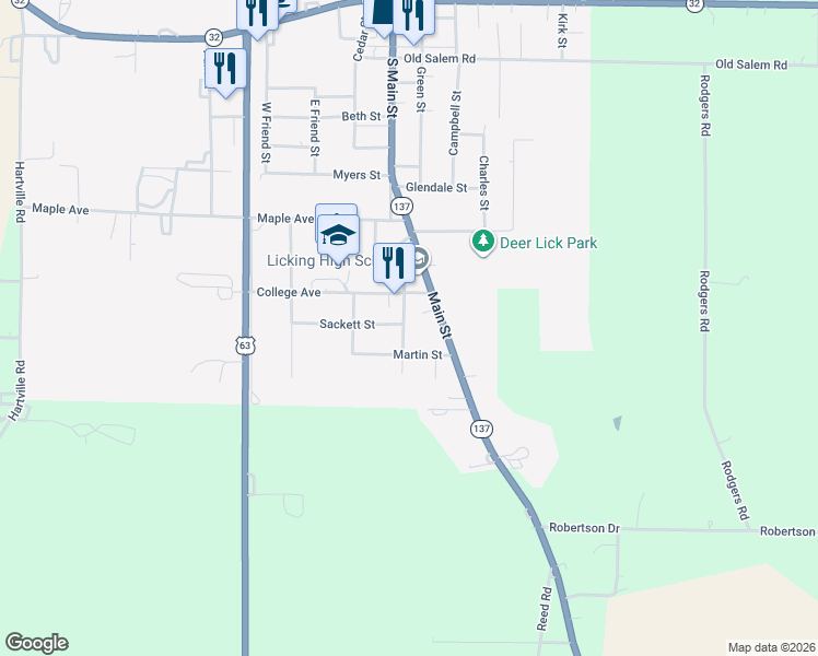 map of restaurants, bars, coffee shops, grocery stores, and more near 901 School Street in Licking