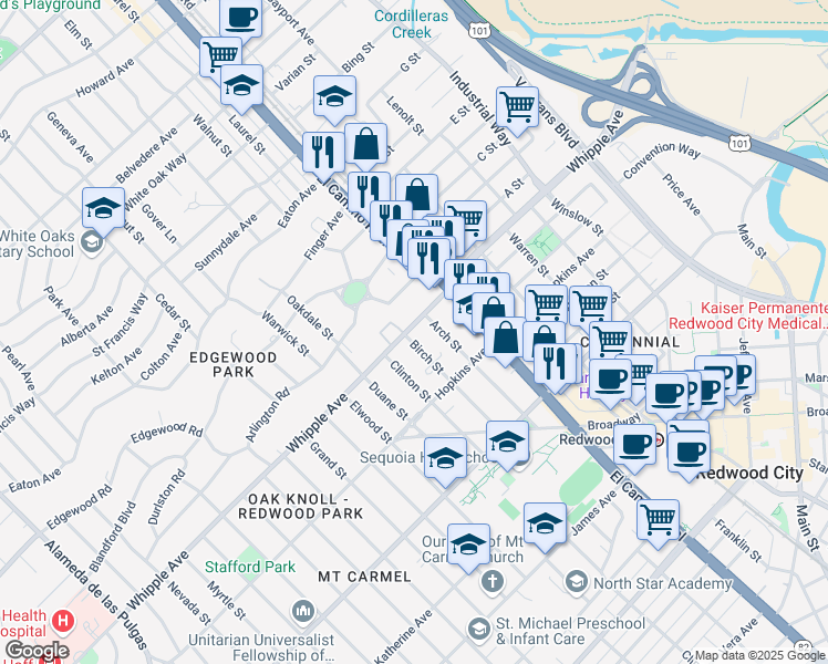 map of restaurants, bars, coffee shops, grocery stores, and more near 1141 Whipple Avenue in Redwood City