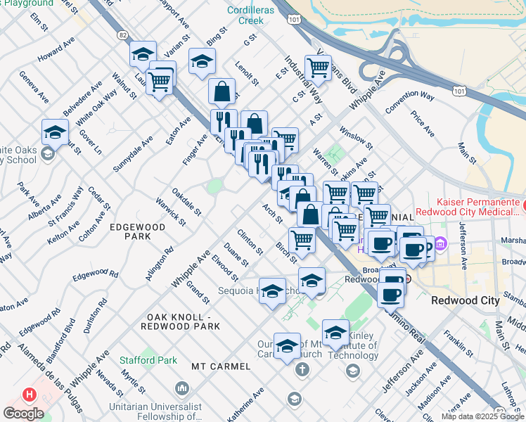 map of restaurants, bars, coffee shops, grocery stores, and more near 22 Arch Street in Redwood City