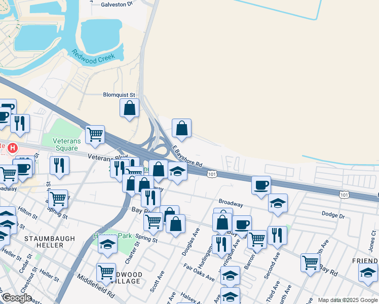 map of restaurants, bars, coffee shops, grocery stores, and more near 1757 East Bayshore Road in Redwood City