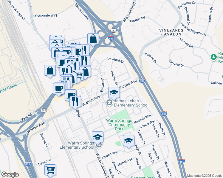 map of restaurants, bars, coffee shops, grocery stores, and more near 524 East Warren Avenue in Fremont