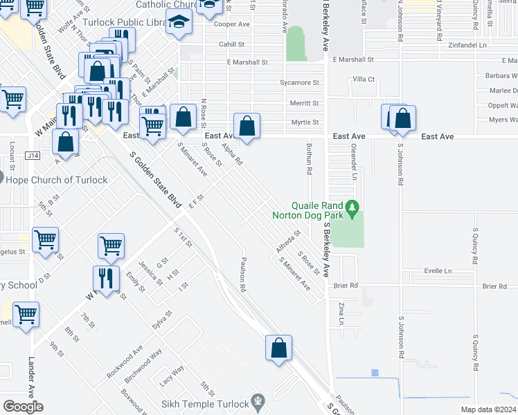 map of restaurants, bars, coffee shops, grocery stores, and more near 899 South Rose Street in Turlock