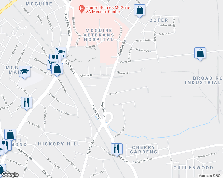 map of restaurants, bars, coffee shops, grocery stores, and more near 2025 Hopkins Road in Richmond