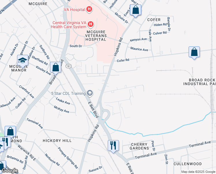 map of restaurants, bars, coffee shops, grocery stores, and more near 2025 Hopkins Road in Richmond