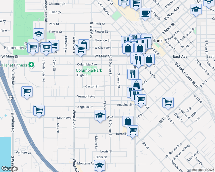 map of restaurants, bars, coffee shops, grocery stores, and more near 355 Spruce Street in Turlock
