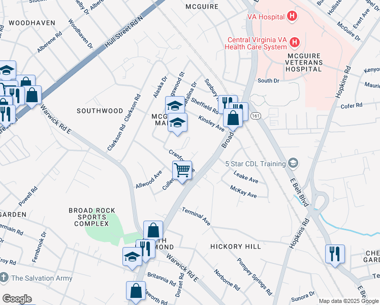 map of restaurants, bars, coffee shops, grocery stores, and more near 2002 Cullen Road in Richmond