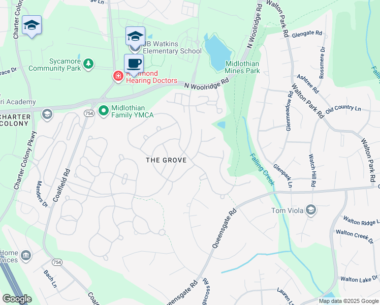 map of restaurants, bars, coffee shops, grocery stores, and more near 901 Kingham Drive in Midlothian