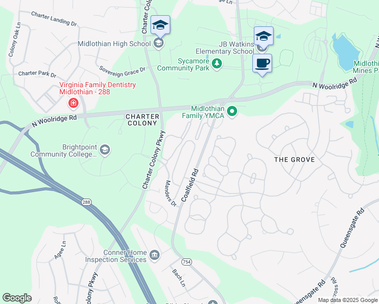 map of restaurants, bars, coffee shops, grocery stores, and more near 630 Abbey Village Drive in Midlothian