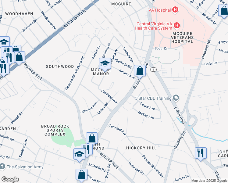 map of restaurants, bars, coffee shops, grocery stores, and more near 2002 Cullen Road in Richmond